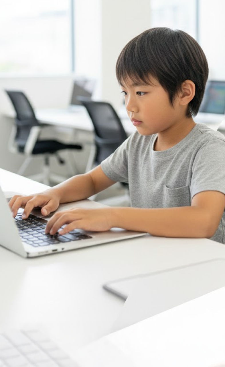 ノートパソコンでWebデザインを学ぶ子供の様子